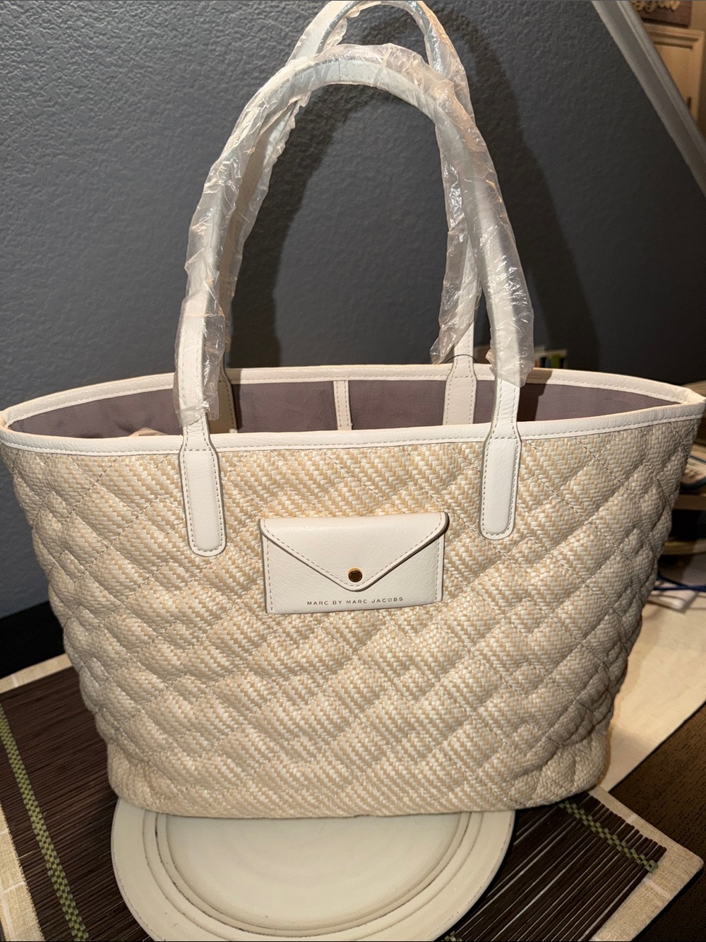 Marc by Marc Jacobs Cream Quilted Straw Tote with White Trim
